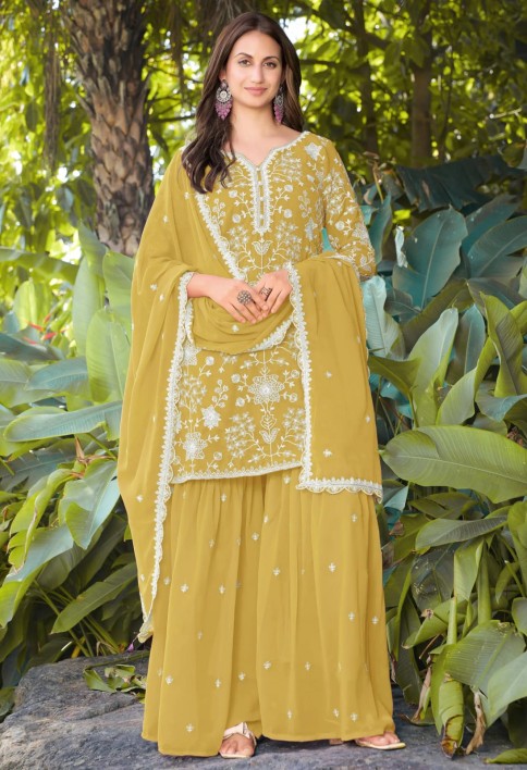 Graceful Yellow Bead Embroidery Georgette Haldi Wear Palazzo Suit